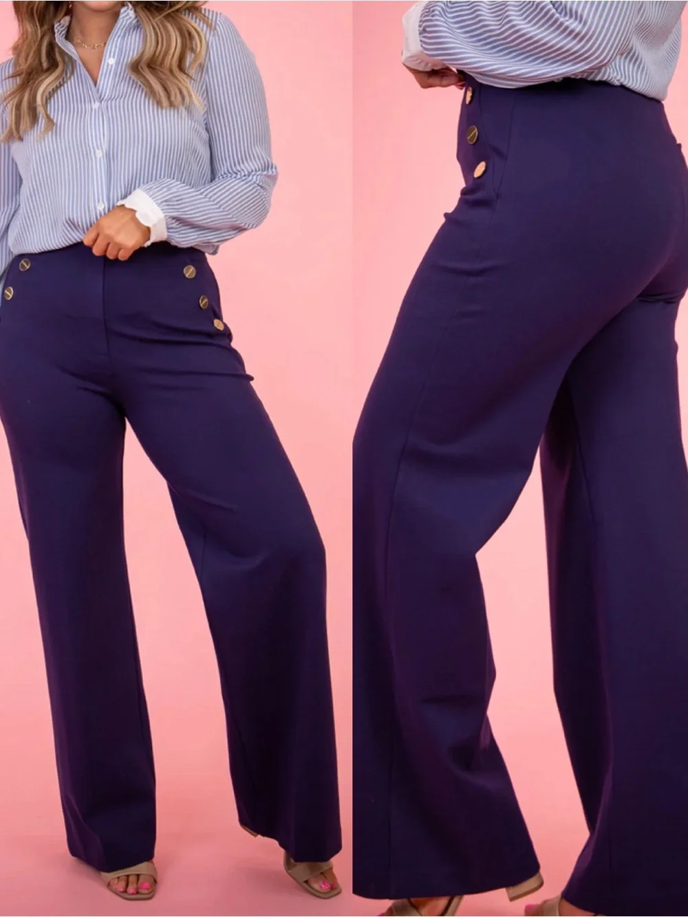 SPANX Ponte Button Front Wide Leg Pants Trousers Lapis Blue Sailor Nautical